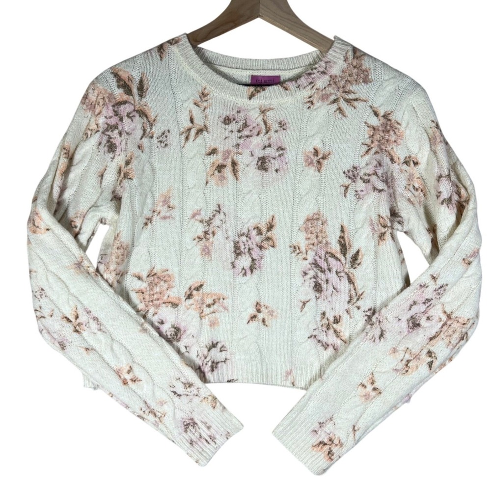 Francesca's Floral Cable Knit Cropped Sweater Cream Cottage Coquette M